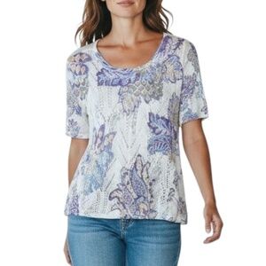 4/$20 Chico’s Paisley Knit Short Sleeve Top – Purple Blue Floral - Size 0 -Small